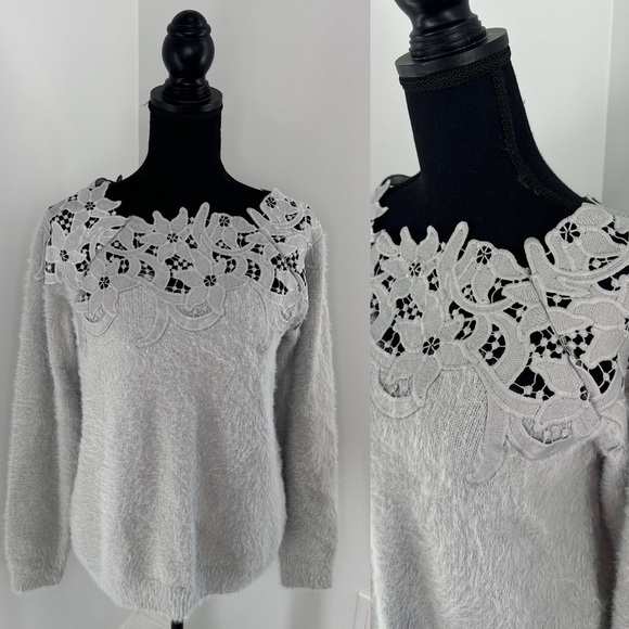 En Creme Soft Crochet Neck Gray Cozy Women’s Sweater (S/M) - Picture 2 of 8